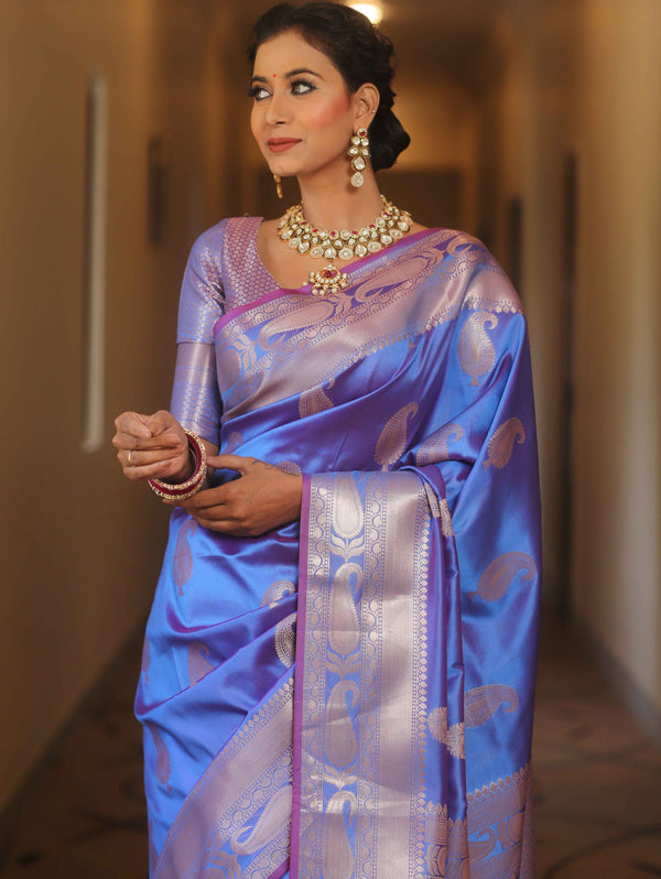 Banarasee Handwoven Dual Tone Semi Silk Saree With Zari Buti-Blue