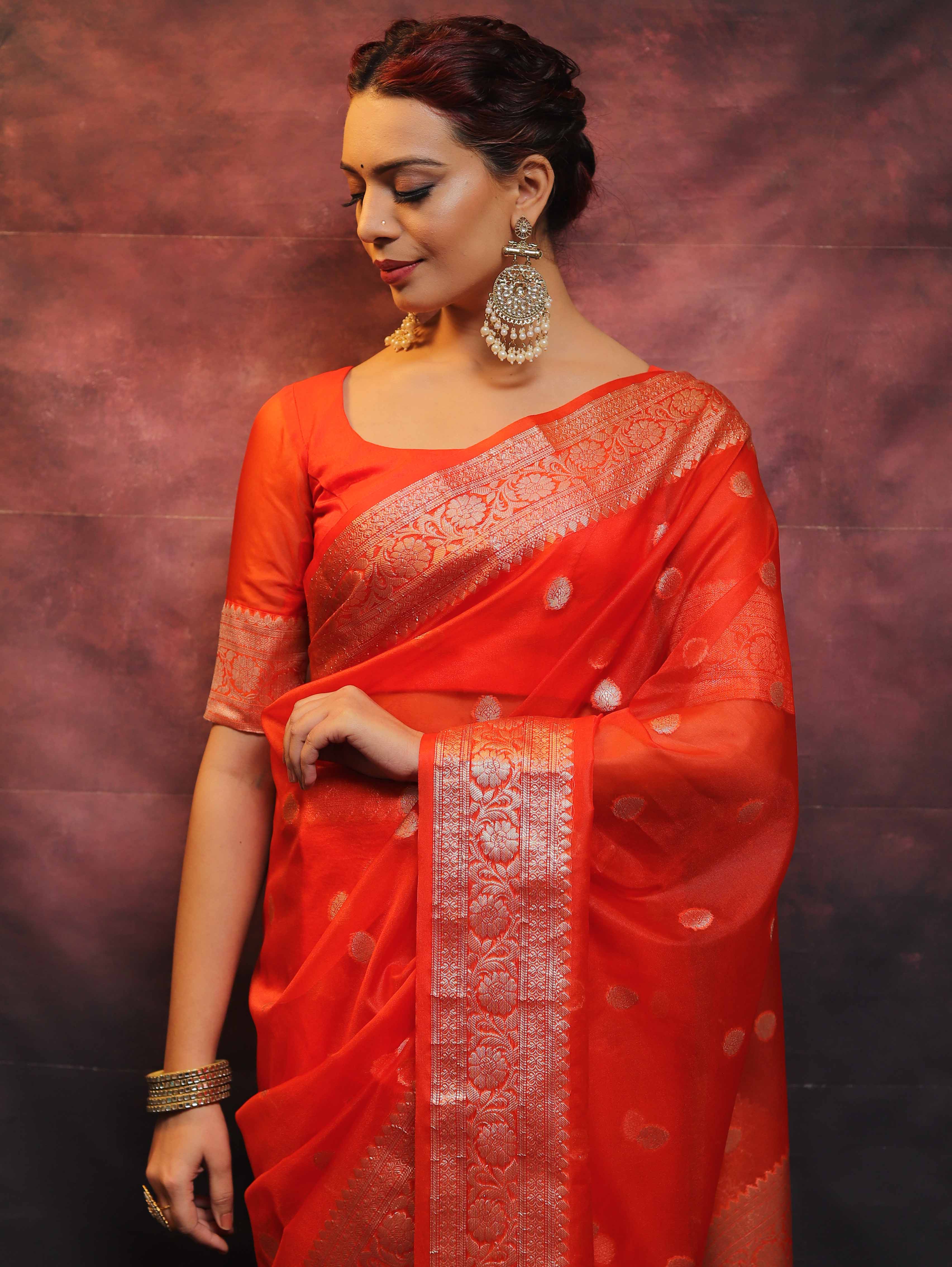 Banarasee Organza Mix Saree With Silver Zari Work-Orange