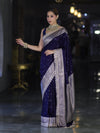 Banarasee Handloom Mashru Silk Saree With Buti Design Zari Border & Lace-Navy Blue