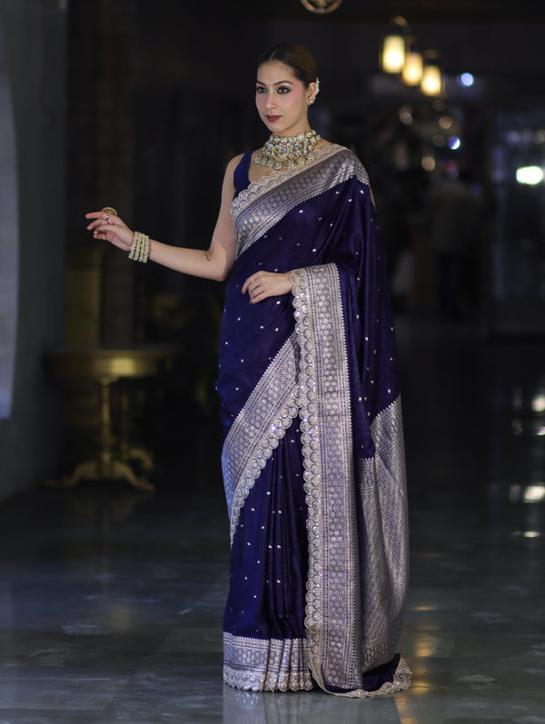 Banarasee Handloom Mashru Silk Saree With Buti Design Zari Border & Lace-Navy Blue