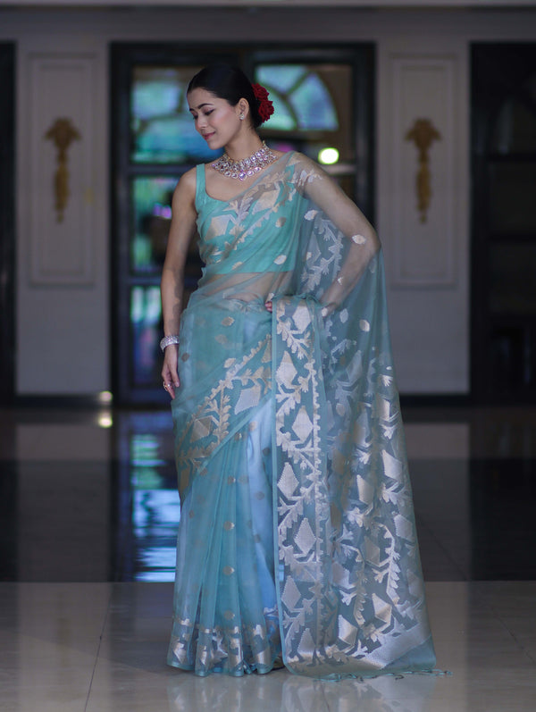 Banarasee Organza Mix Saree With Zari Work & Border-Dusty Green