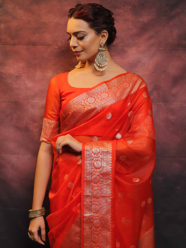 Banarasee Organza Mix Saree With Silver Zari Work-Orange