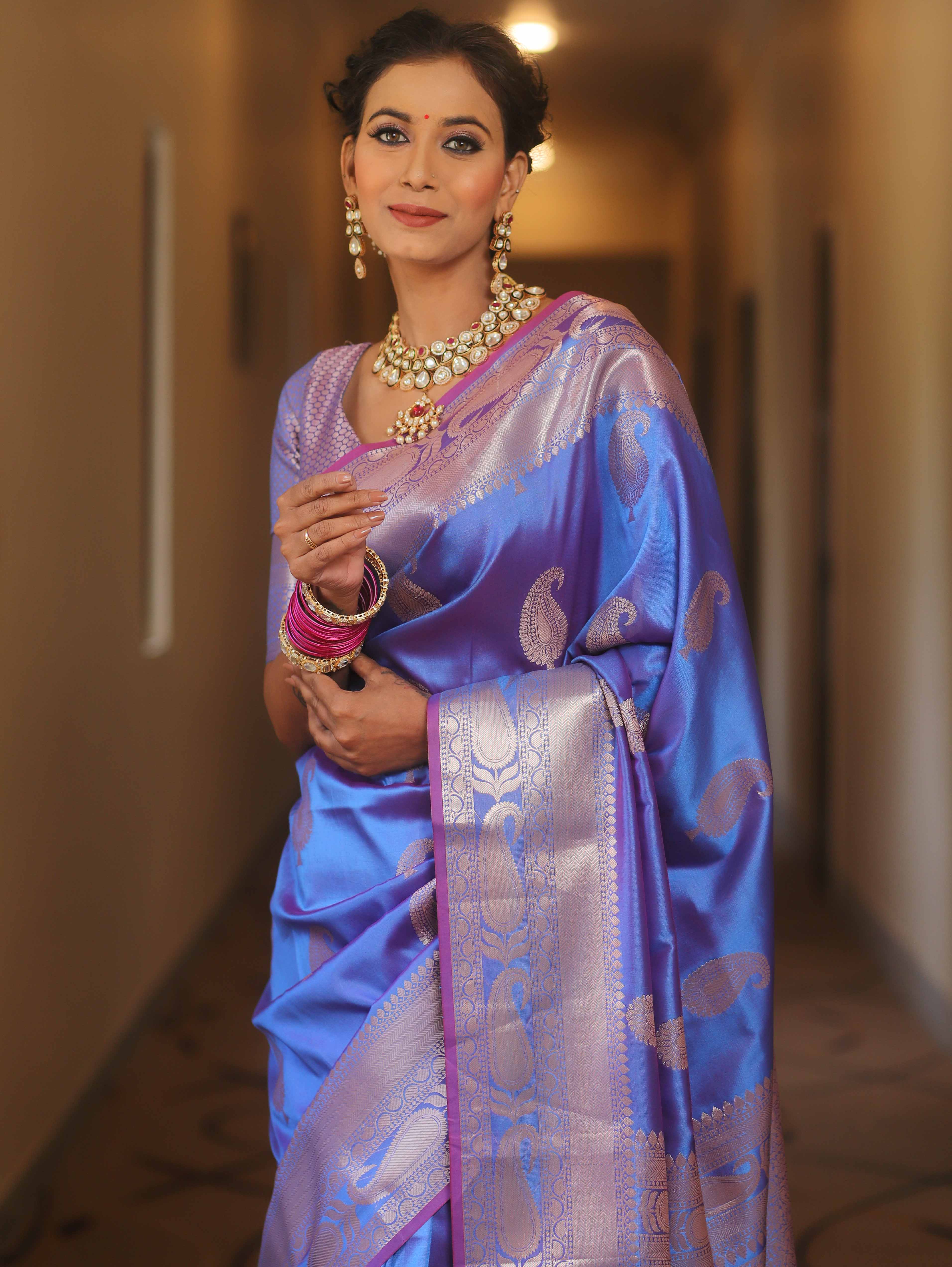 Banarasee Handwoven Dual Tone Semi Silk Saree With Zari Buti-Blue