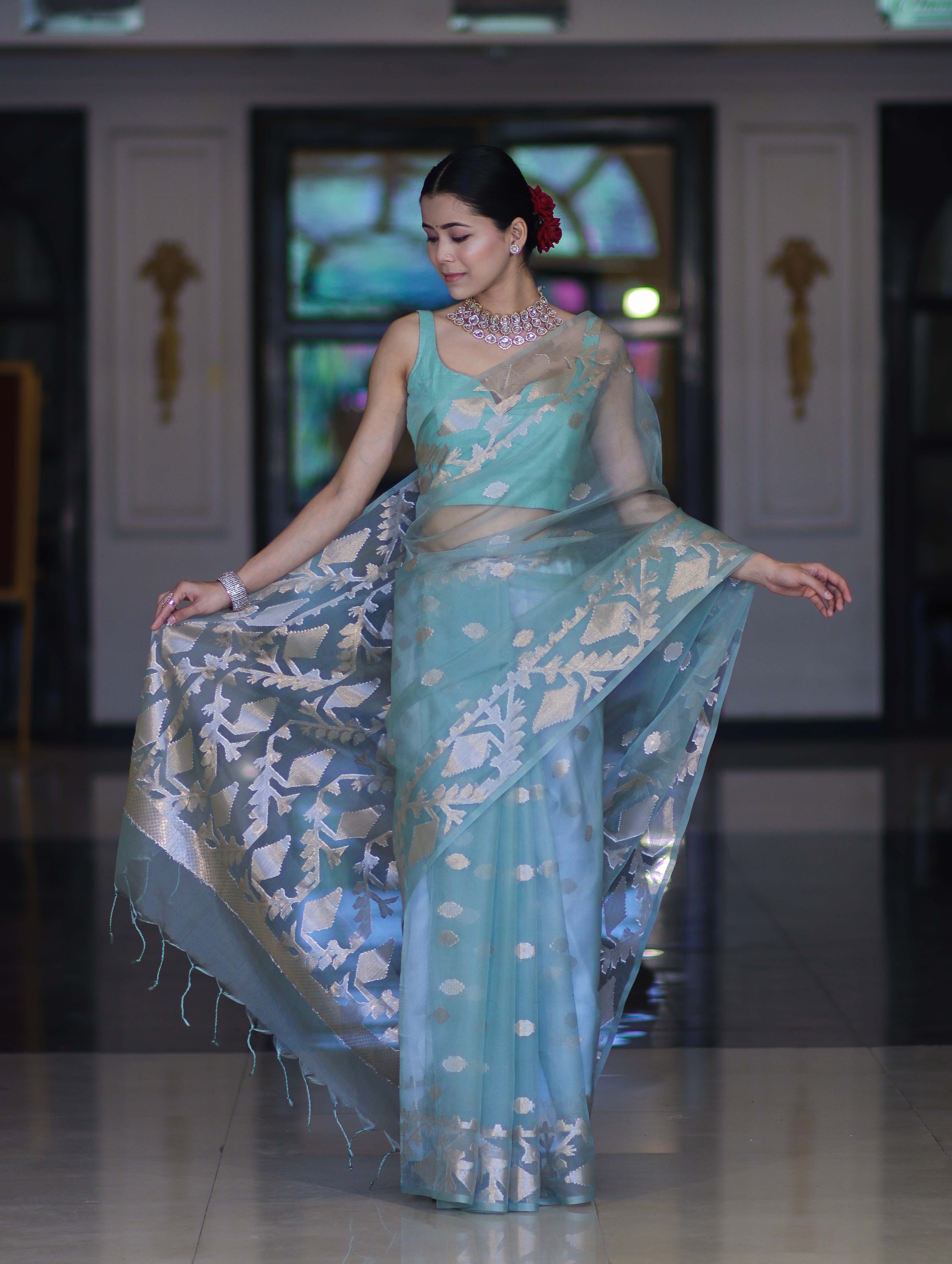 Banarasee Organza Mix Saree With Zari Work & Border-Dusty Green