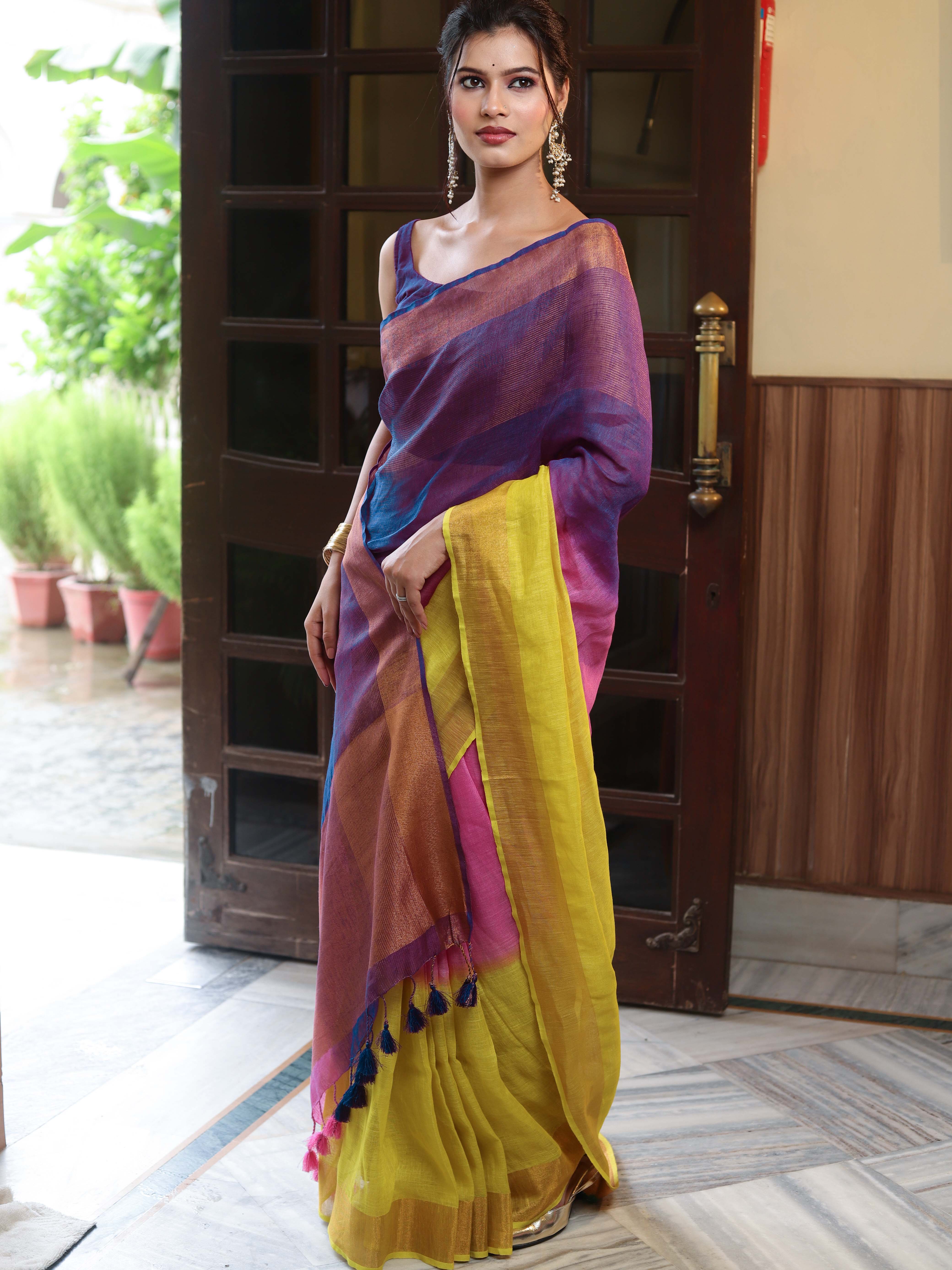 Banarasee Handloom Pure Linen Shine Saree-Multicolor