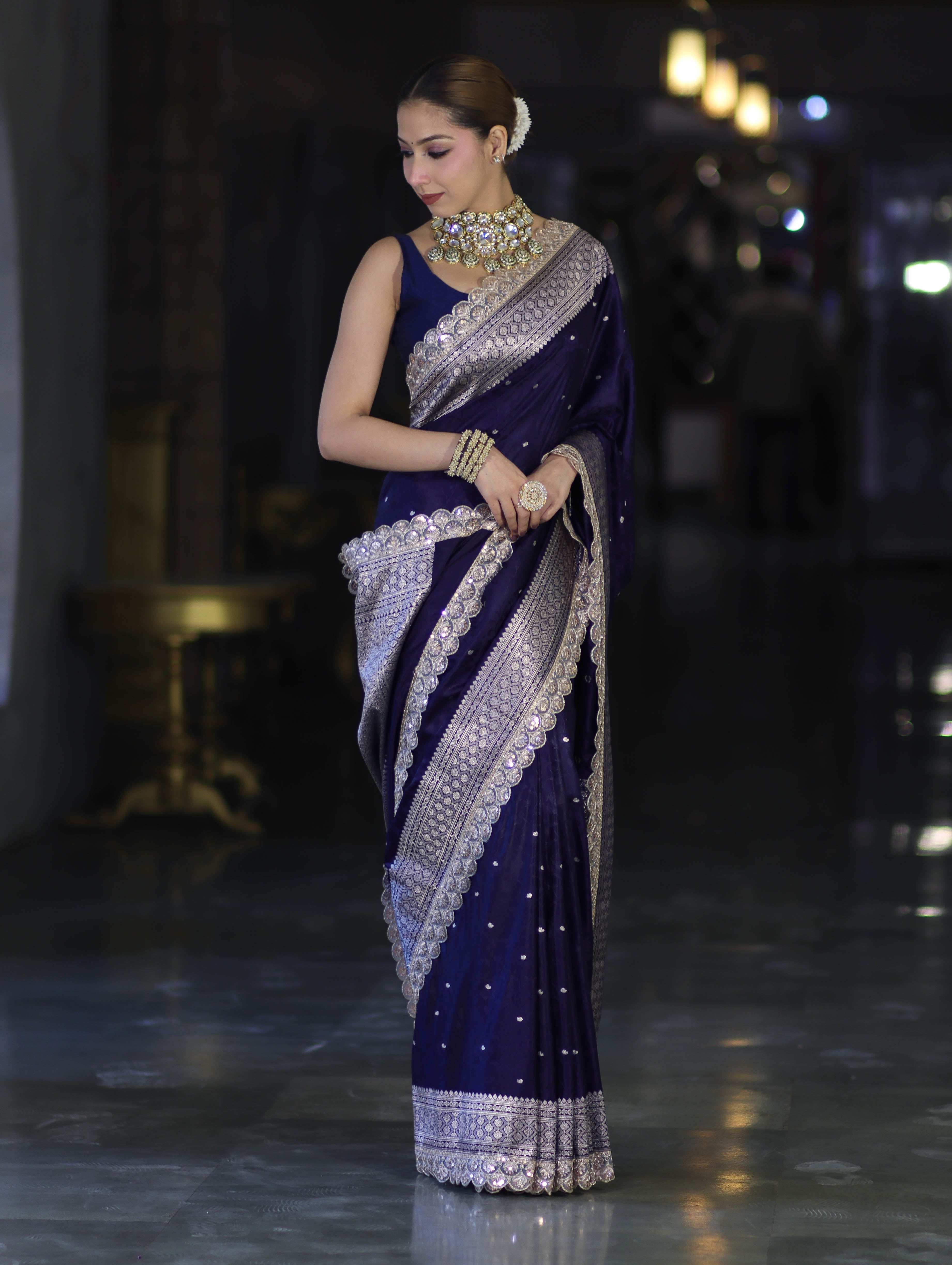Banarasee Handloom Mashru Silk Saree With Buti Design Zari Border & Lace-Navy Blue
