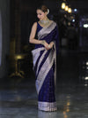 Banarasee Handloom Mashru Silk Saree With Buti Design Zari Border & Lace-Navy Blue