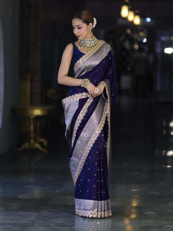 Banarasee Handloom Mashru Silk Saree With Buti Design Zari Border & Lace-Violet