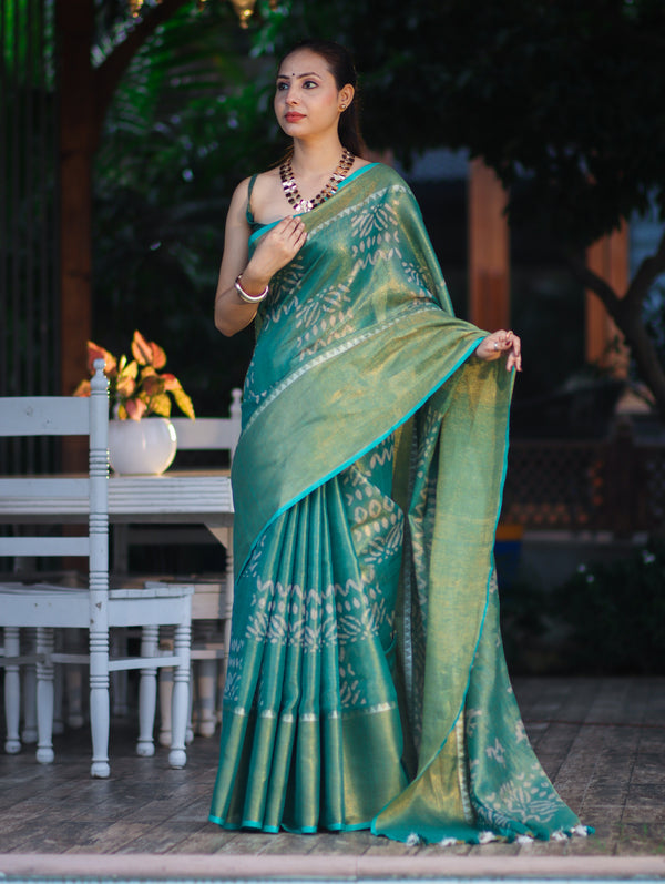 Bhagalpur Handloom Linen Tissue Batik Pattern Saree-Green