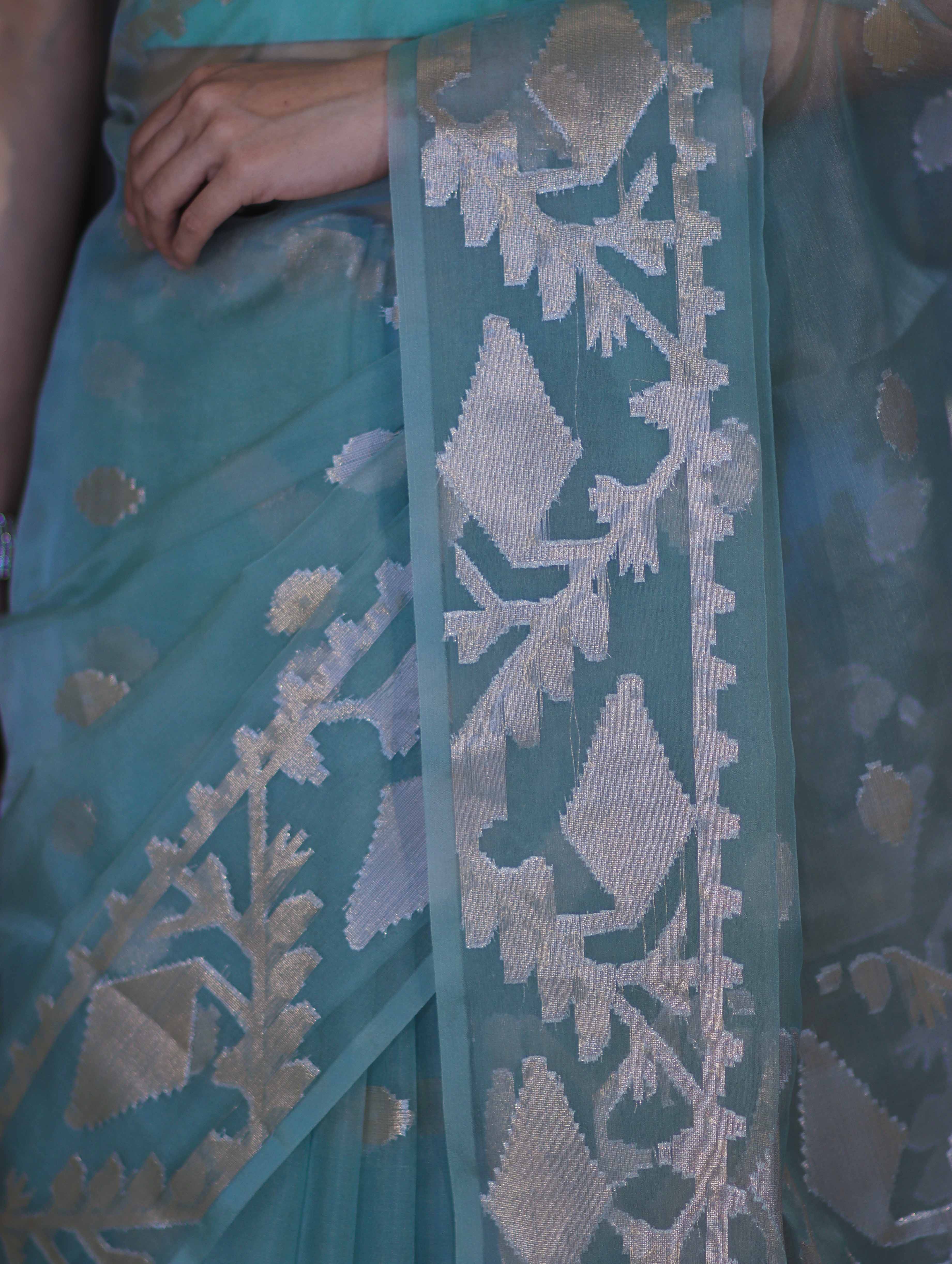 Banarasee Organza Mix Saree With Zari Work & Border-Dusty Green