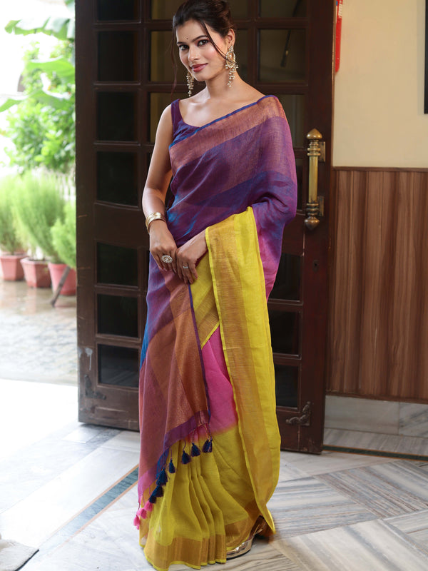 Banarasee Handloom Pure Linen Shine Saree-Multicolor