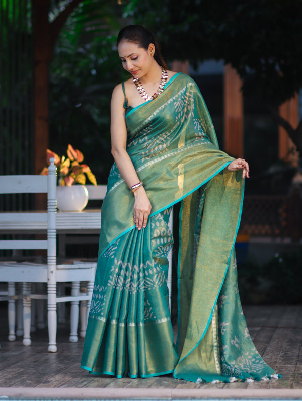 Bhagalpur Handloom Linen Tissue Batik Pattern Saree-Green