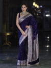 Banarasee Handloom Mashru Silk Saree With Buti Design Zari Border & Lace-Navy Blue