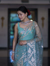 Banarasee Organza Mix Saree With Zari Work & Border-Dusty Green