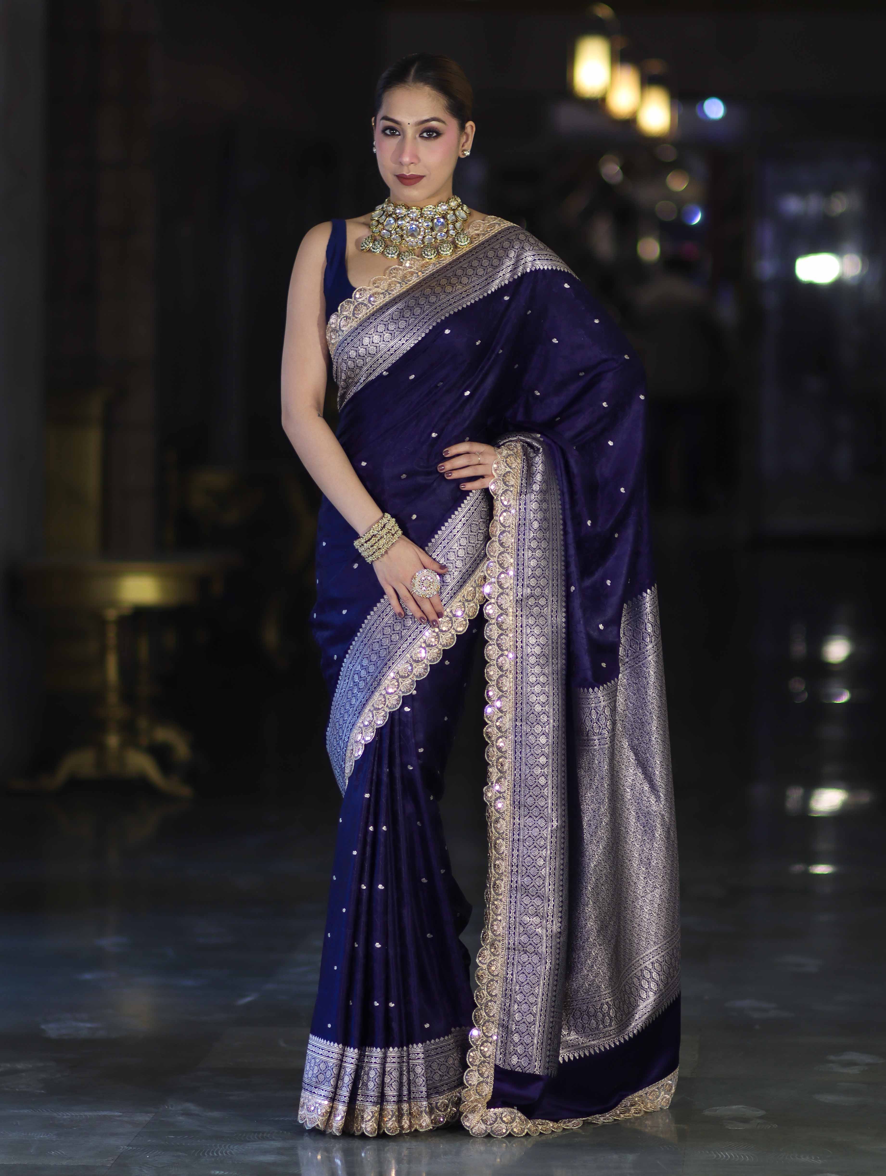 Banarasee Handloom Mashru Silk Saree With Buti Design Zari Border & Lace-Violet