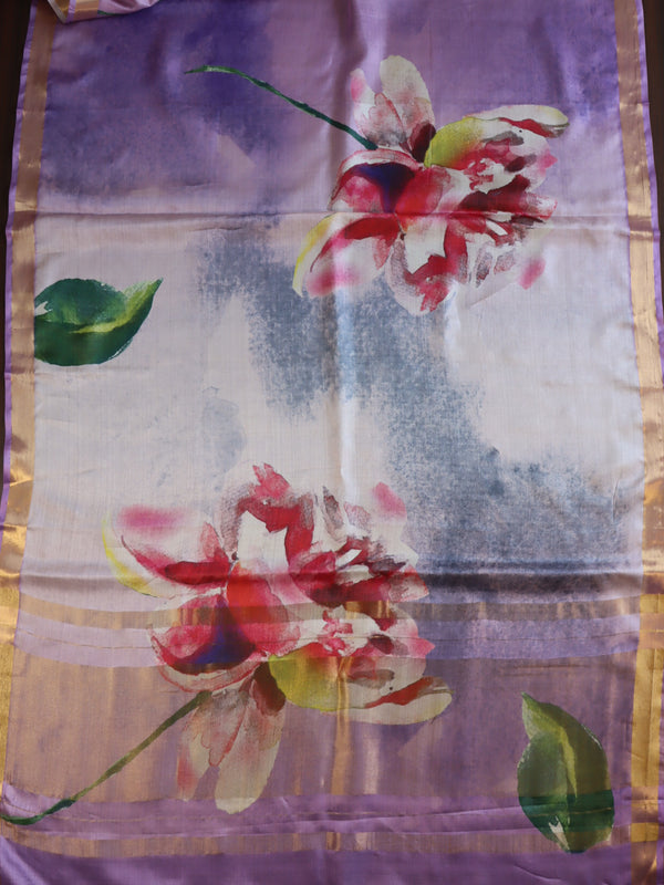 Banarasee Pure Tussar Silk Saree With Digital Print & Zari Border-Purple