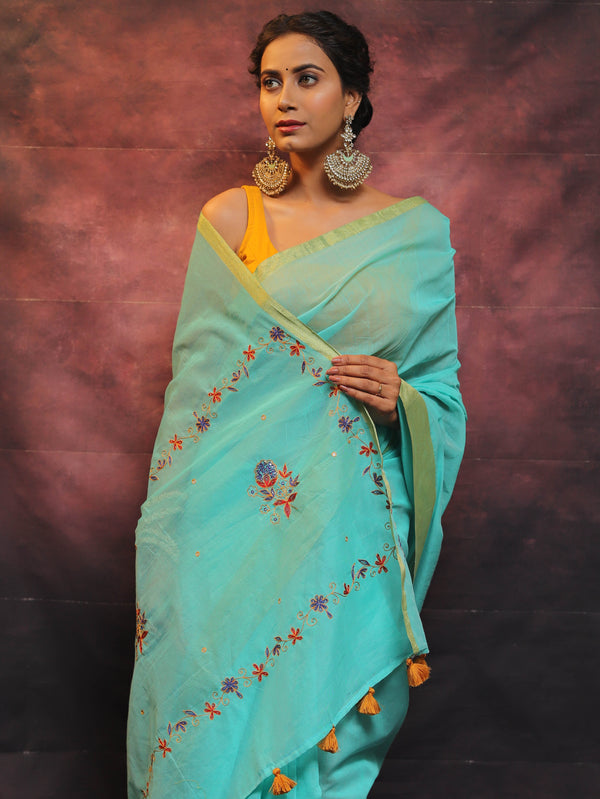 Banarasee Chanderi Cotton Hand-Embroidered Saree-Blue