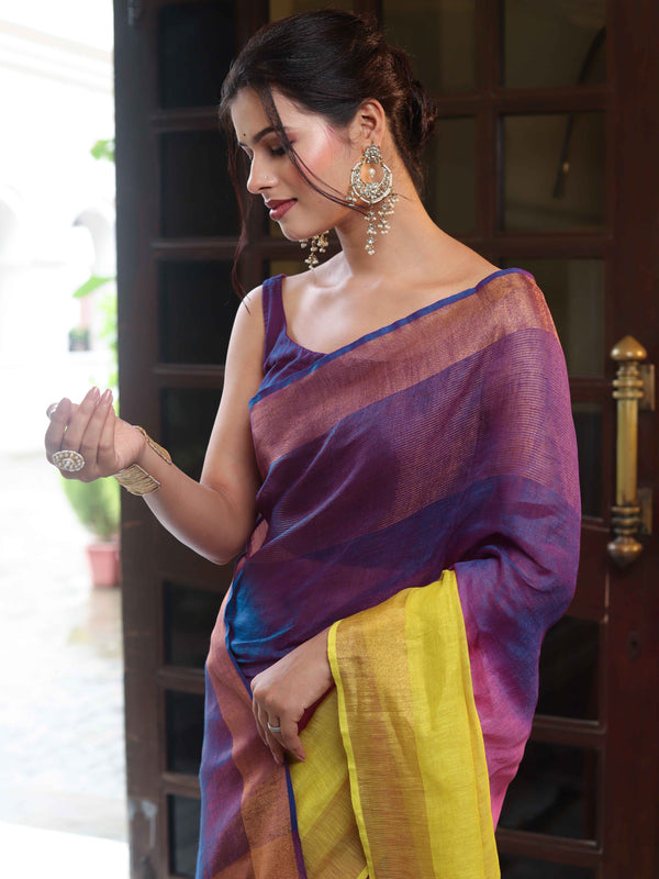 Banarasee Handloom Pure Linen Shine Saree-Multicolor