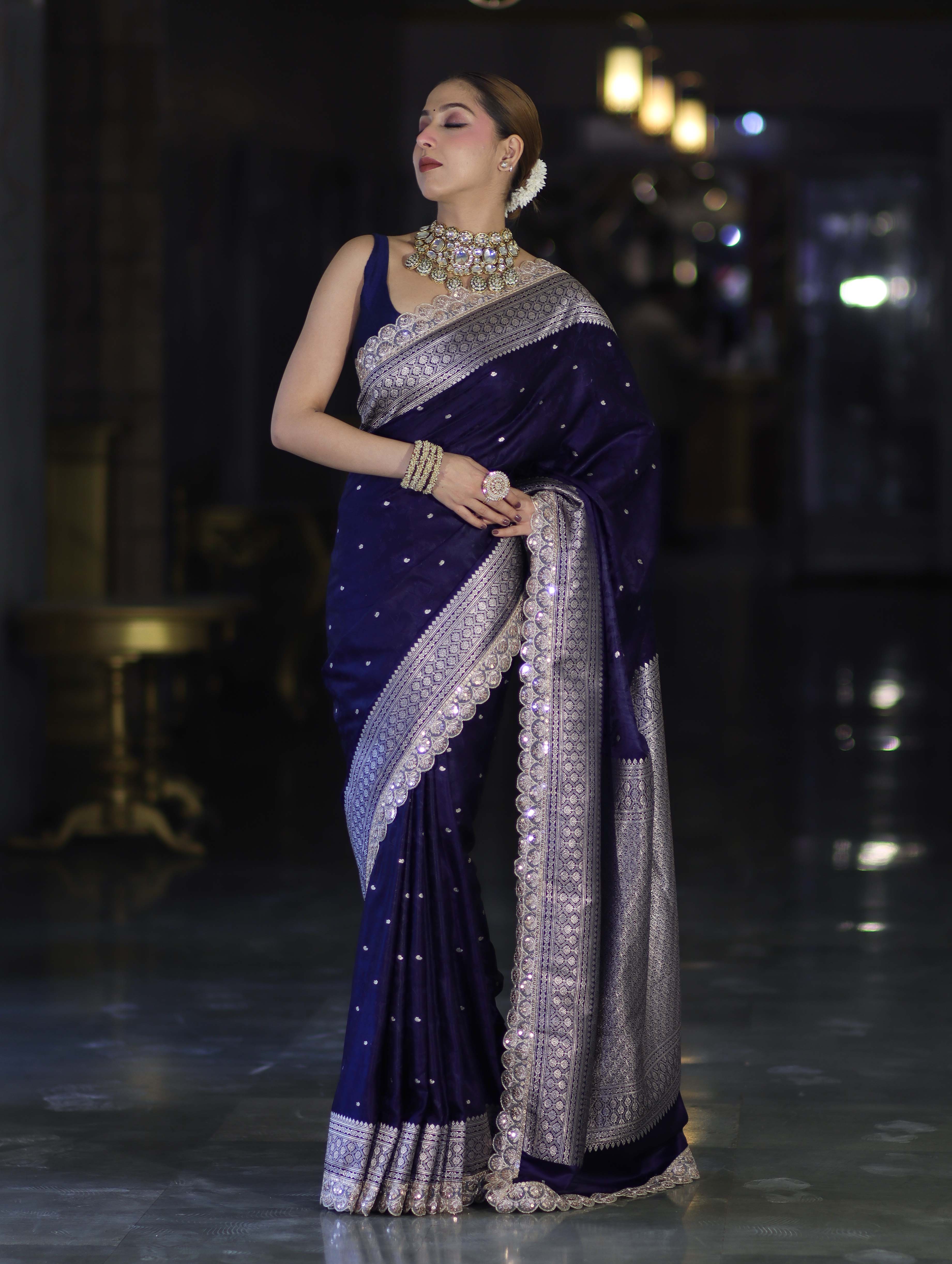 Banarasee Handloom Mashru Silk Saree With Buti Design Zari Border & Lace-Navy Blue