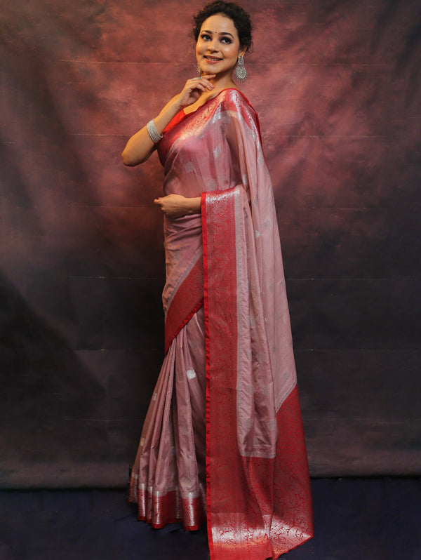 Banarasee Handwoven Semi-Chiffon Saree With Contrast Border & Silver Zari-Mauve & Red