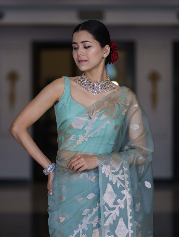 Banarasee Organza Mix Saree With Zari Work & Border-Dusty Green