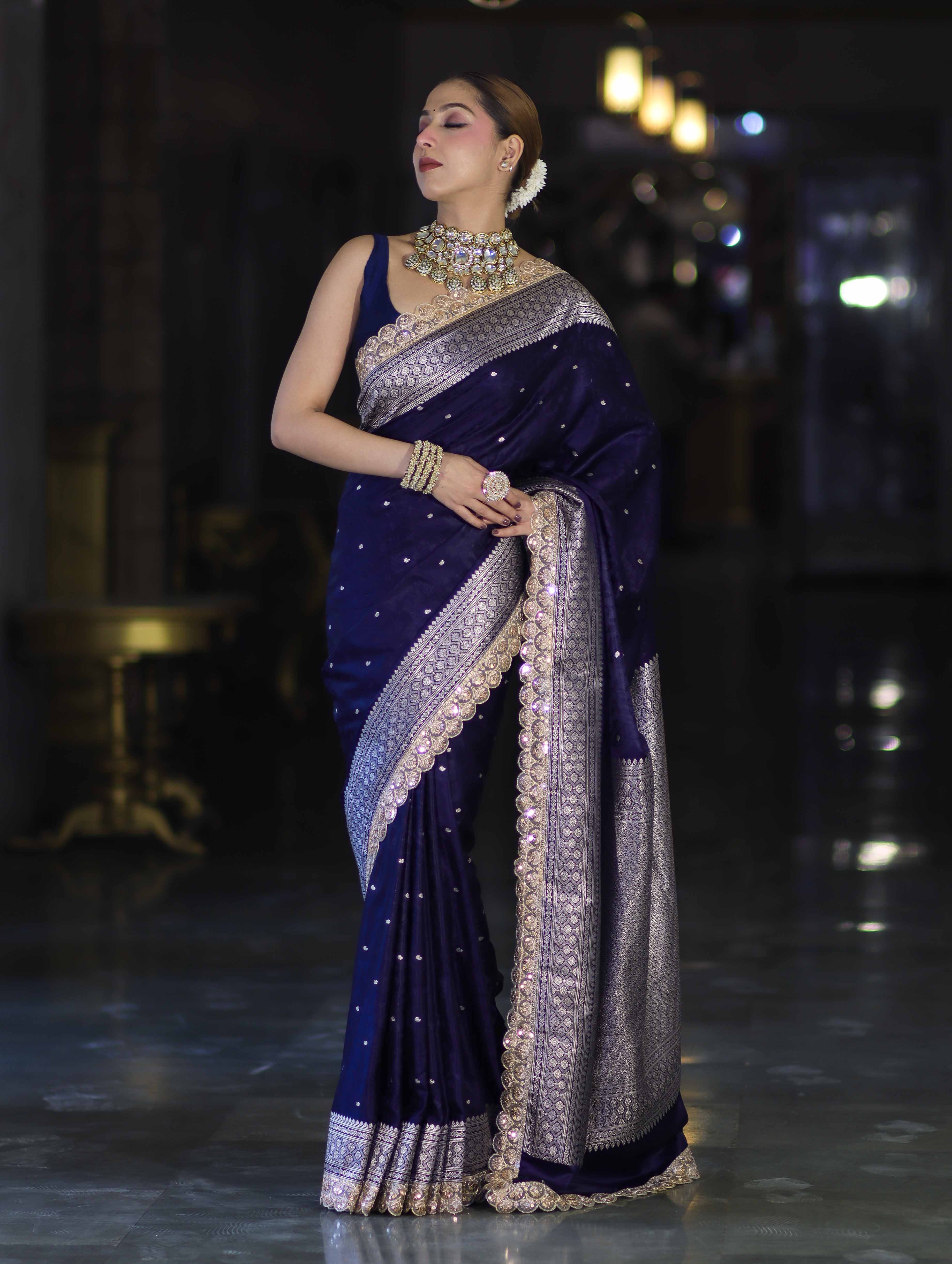 Banarasee Handloom Mashru Silk Saree With Buti Design Zari Border & Lace-Violet