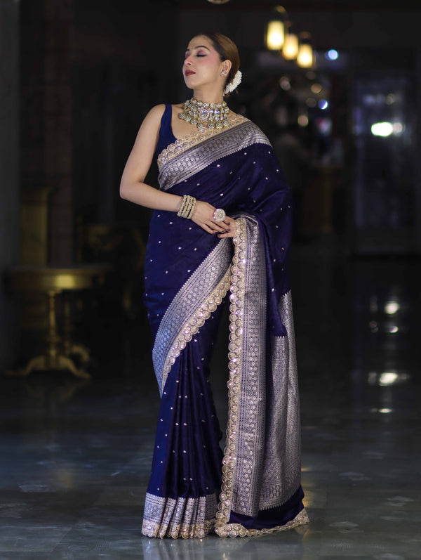 Banarasee Handloom Mashru Silk Saree With Buti Design Zari Border & Lace-Violet