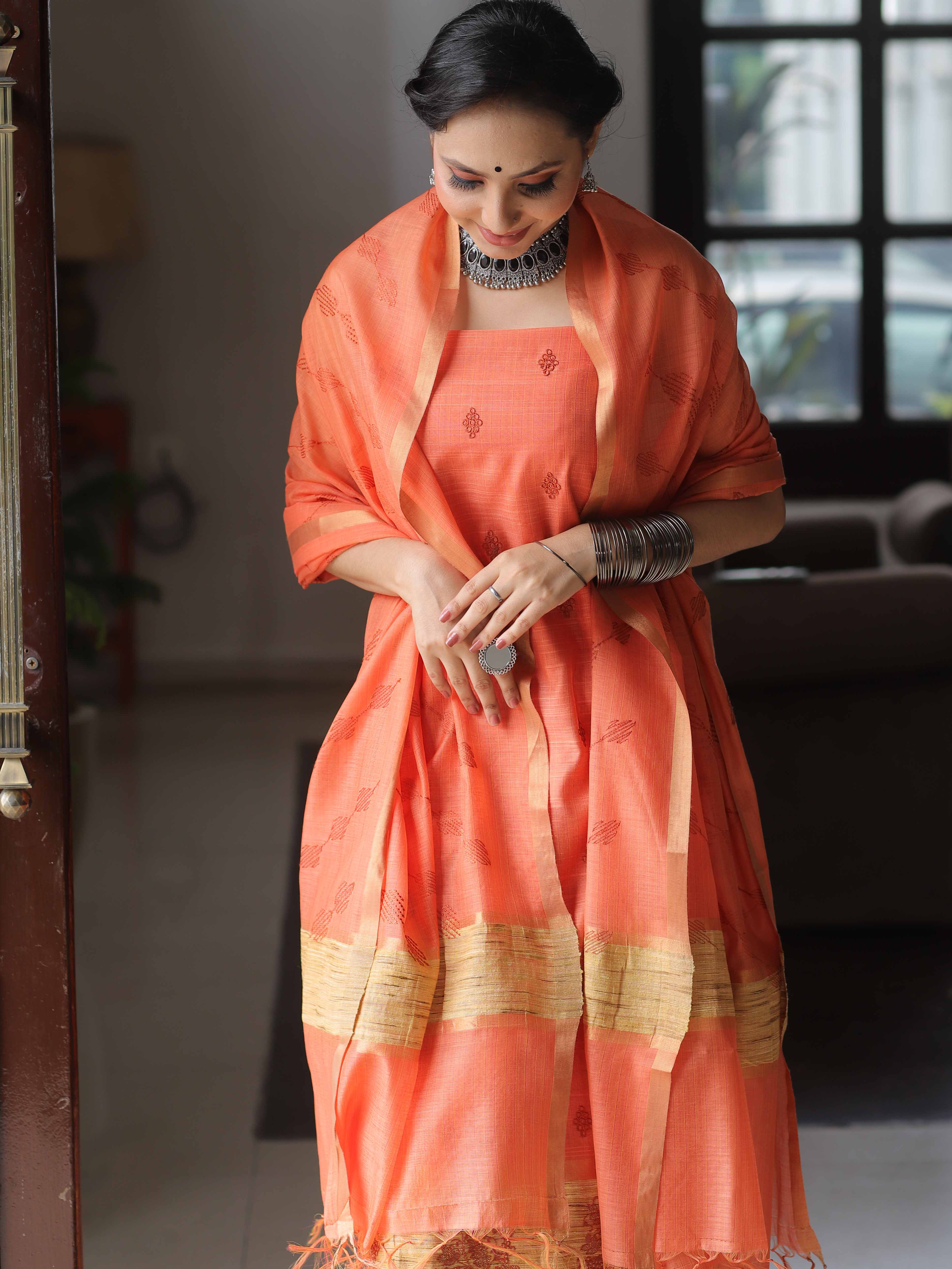 Banarasee Cotton Silk Salwar Kameez Ghichha Work Fabric With Embroidery Work-Peach