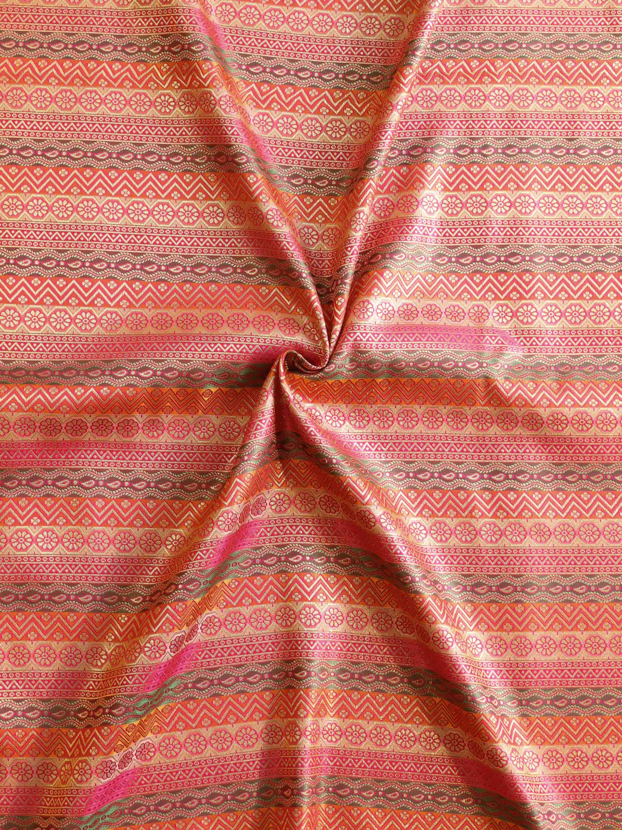 Banarasee Satin Brocade Stripes Design Fabric-Multicolor