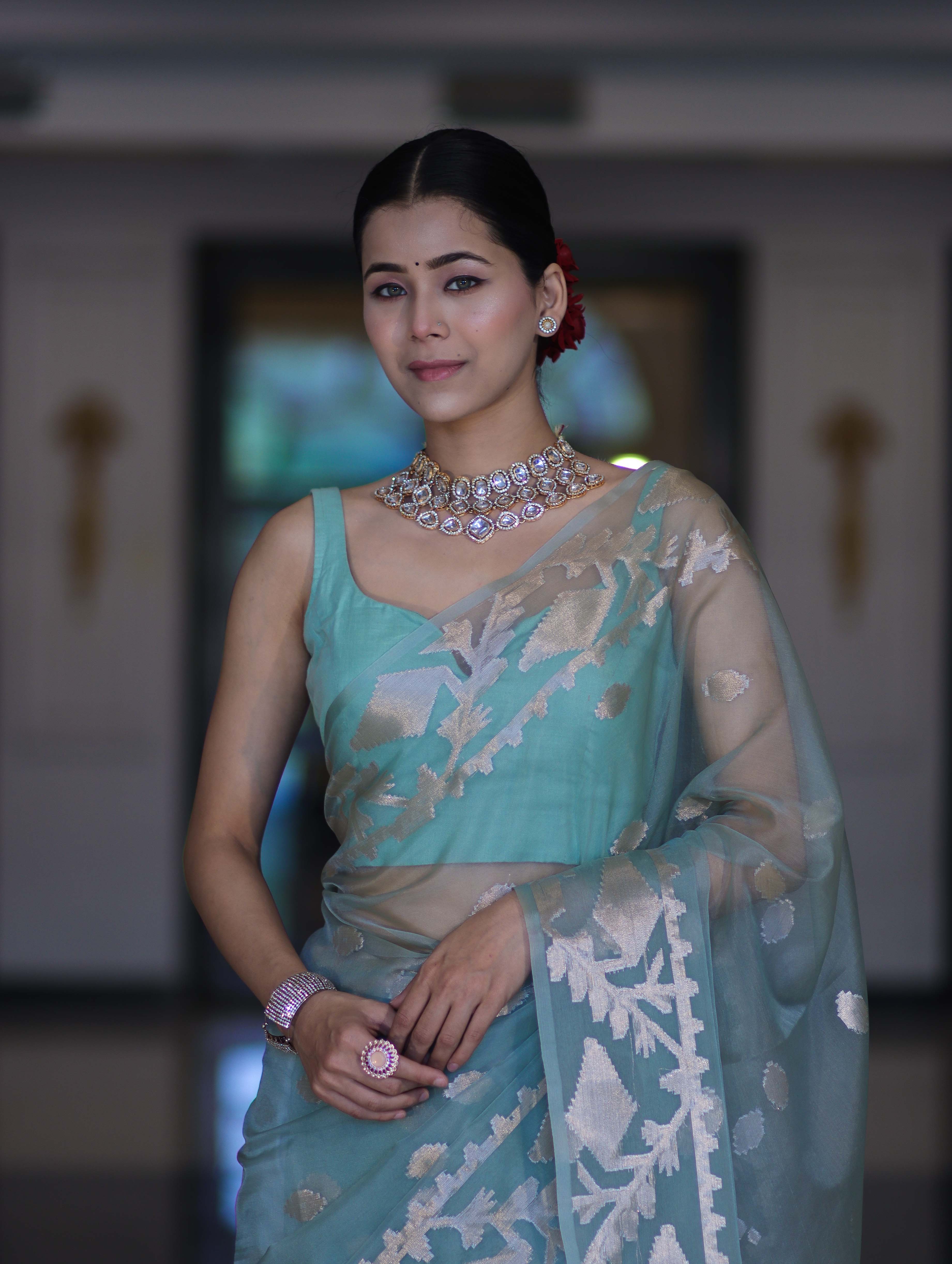 Banarasee Organza Mix Saree With Zari Work & Border-Dusty Green