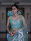 Banarasee Organza Mix Saree With Zari Work & Border-Dusty Green