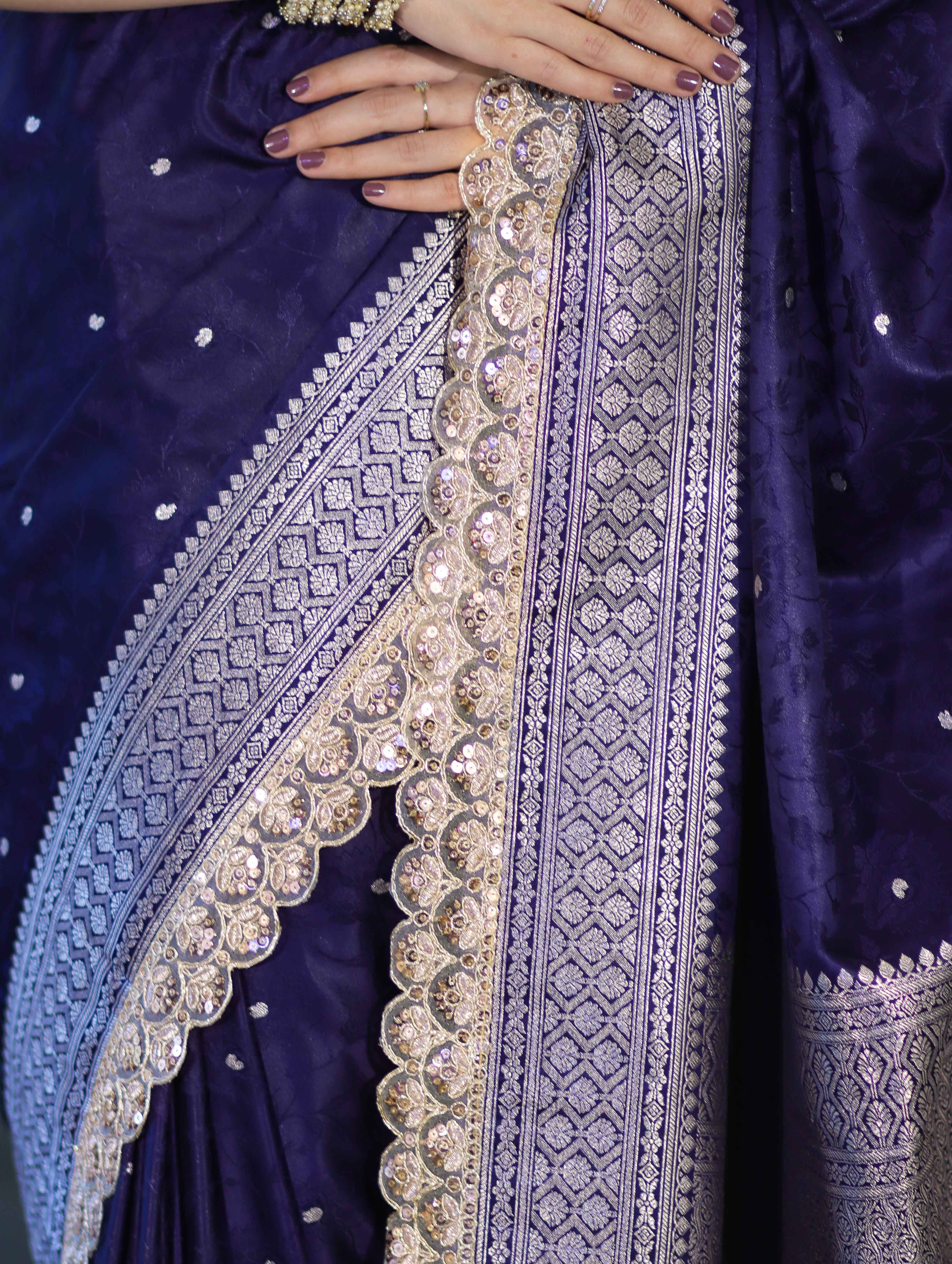 Banarasee Handloom Mashru Silk Saree With Buti Design Zari Border & Lace-Violet