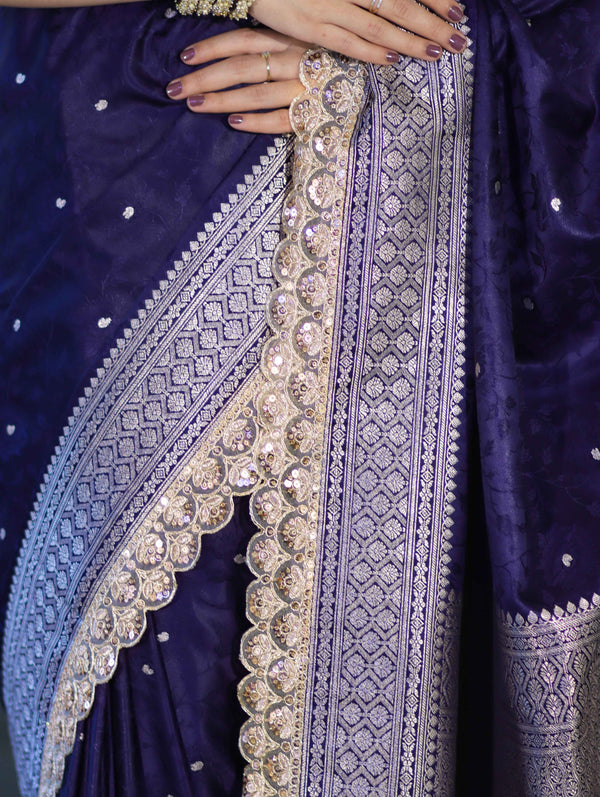 Banarasee Handloom Mashru Silk Saree With Buti Design Zari Border & Lace-Violet