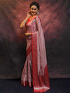 Banarasee Handwoven Semi-Chiffon Saree With Contrast Border & Silver Zari-Mauve & Red