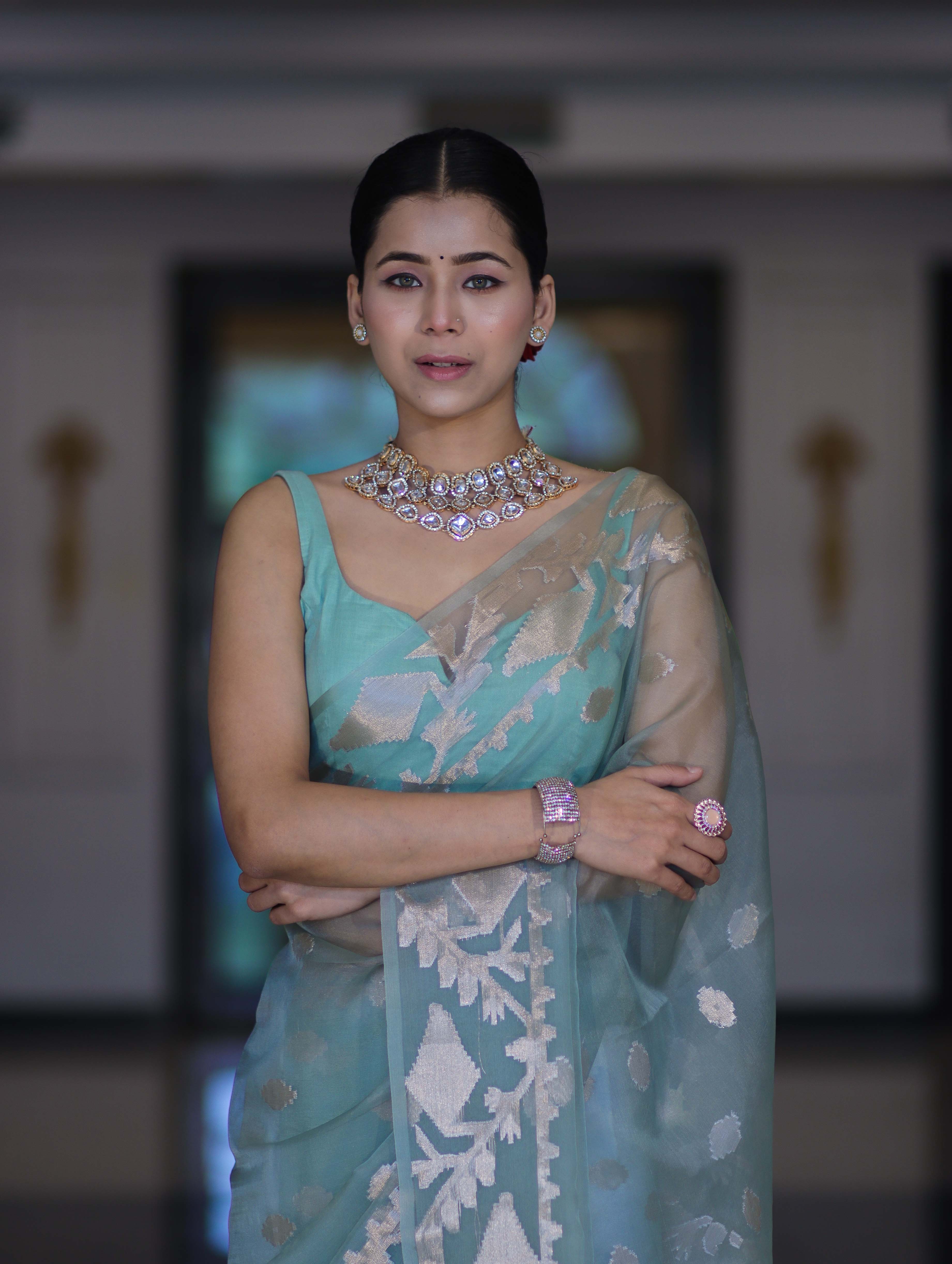 Banarasee Organza Mix Saree With Zari Work & Border-Dusty Green