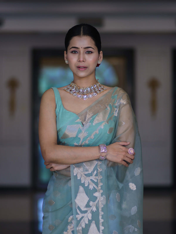 Banarasee Organza Mix Saree With Zari Work & Border-Dusty Green