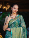 Bhagalpur Handloom Linen Tissue Batik Pattern Saree-Green