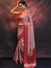 Banarasee Handwoven Semi-Chiffon Saree With Contrast Border & Silver Zari-Mauve & Red