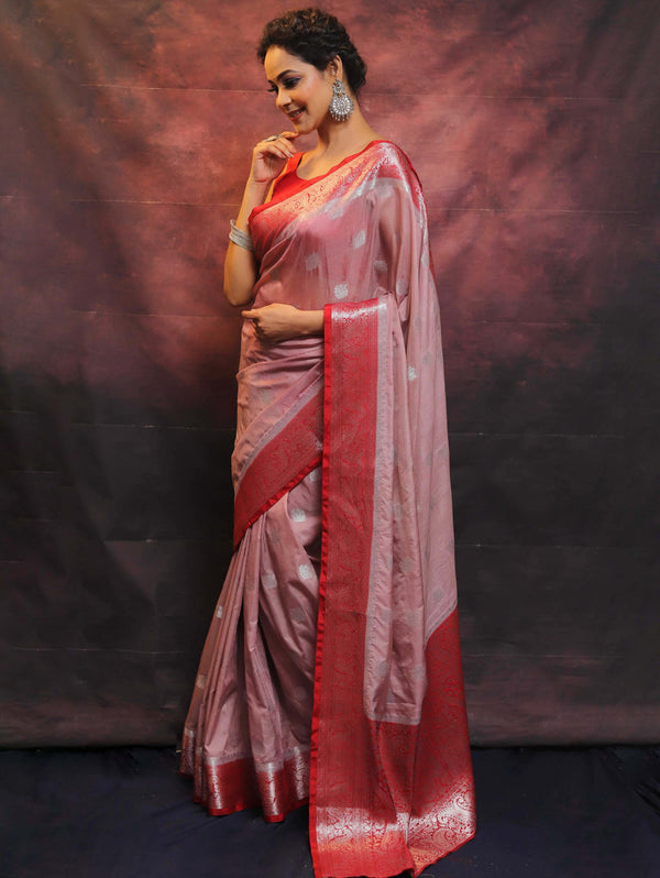 Banarasee Handwoven Semi-Chiffon Saree With Contrast Border & Silver Zari-Mauve & Red