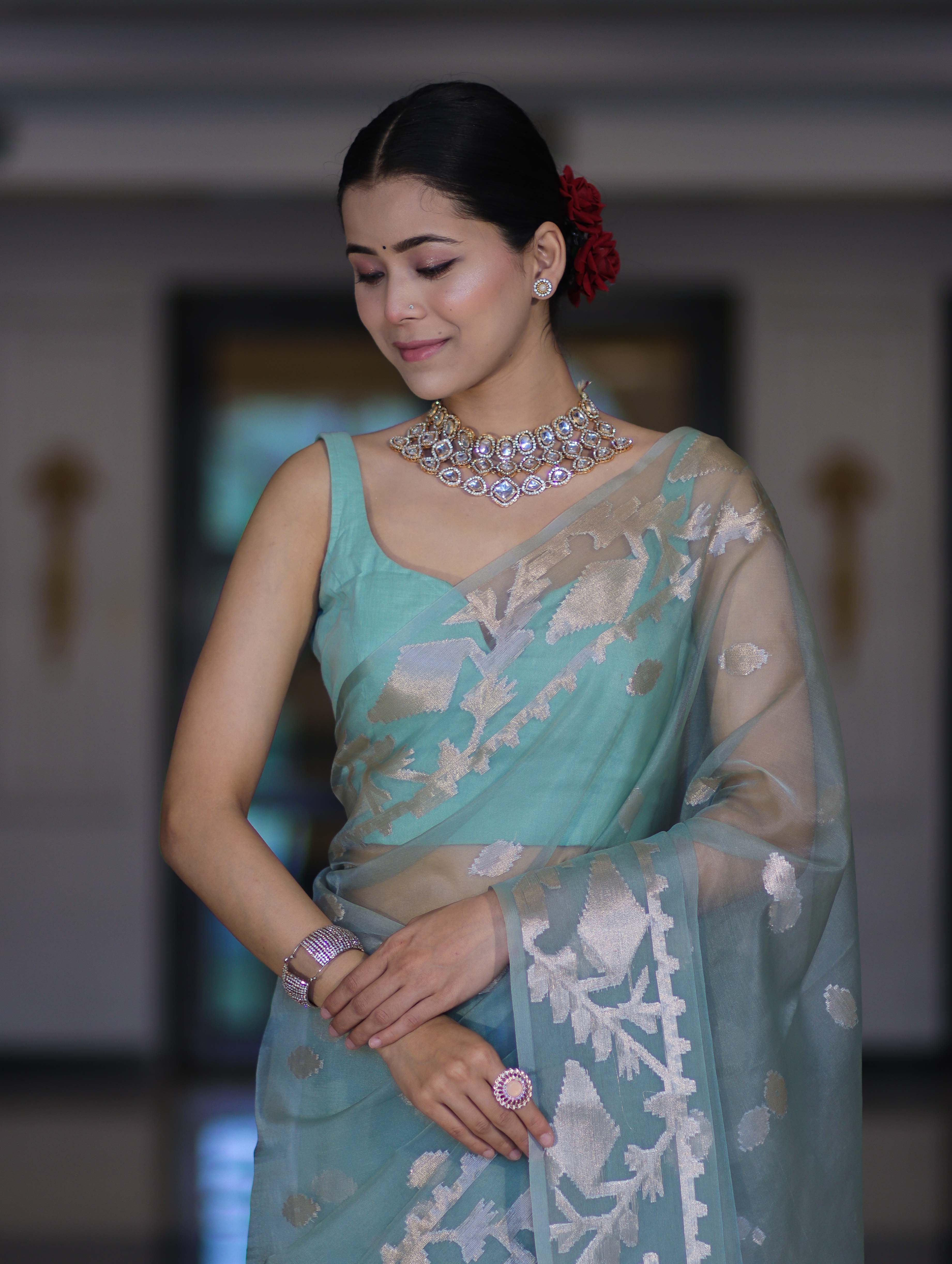 Banarasee Organza Mix Saree With Zari Work & Border-Dusty Green