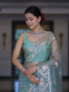 Banarasee Organza Mix Saree With Zari Work & Border-Dusty Green
