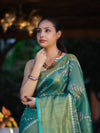 Bhagalpur Handloom Linen Tissue Batik Pattern Saree-Green