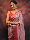 Banarasee Handwoven Semi-Chiffon Saree With Contrast Border & Silver Zari-Mauve & Red