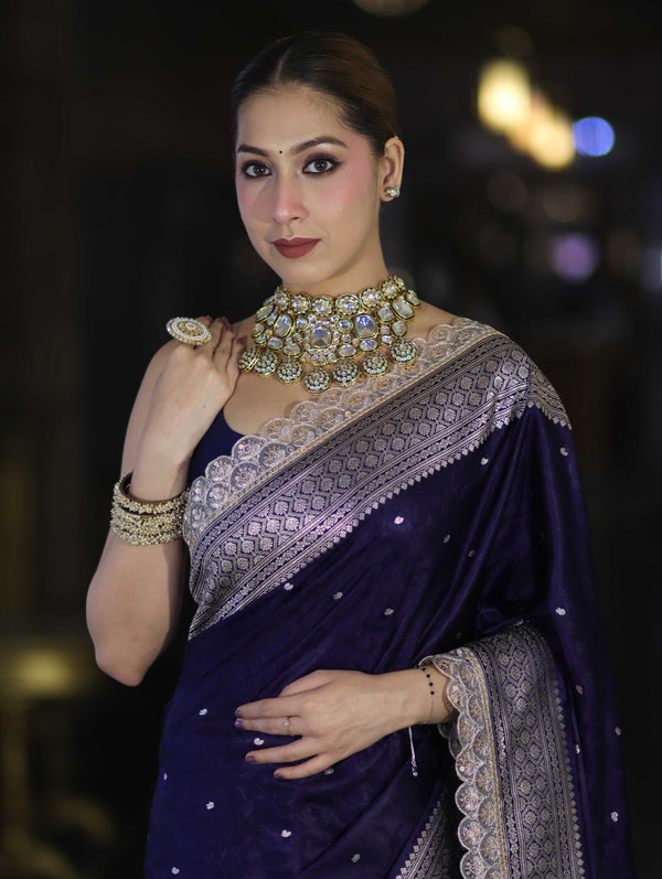 Banarasee Handloom Mashru Silk Saree With Buti Design Zari Border & Lace-Navy Blue