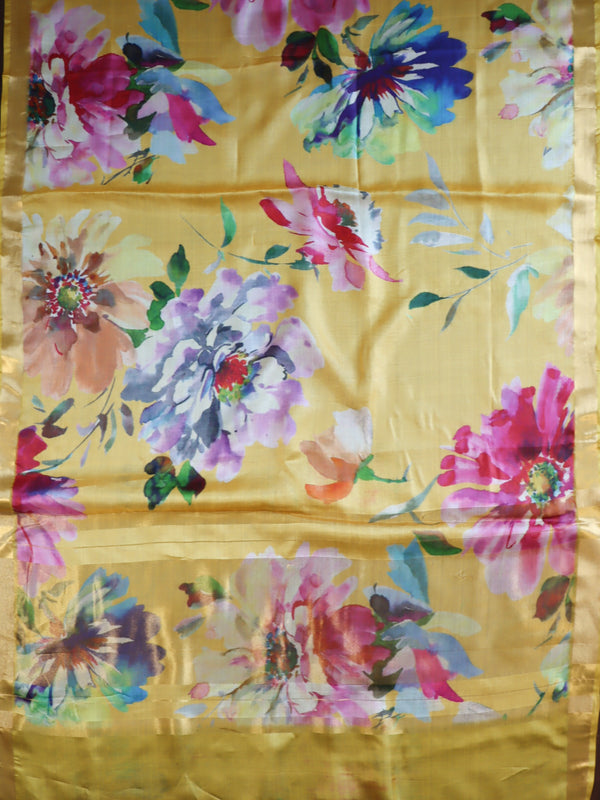 Banarasee Pure Tussar Silk Saree With Digital Print & Zari Border-Yellow