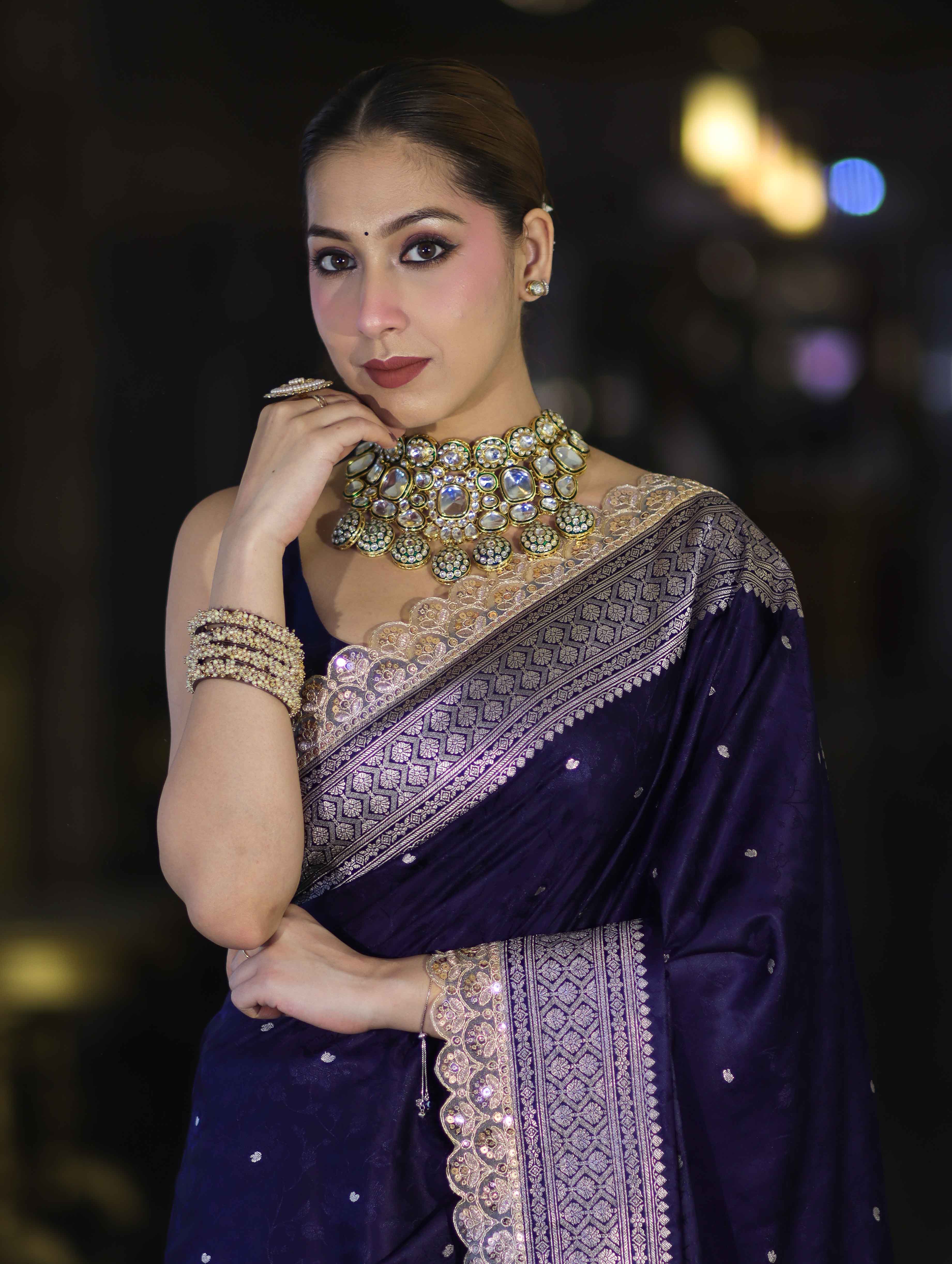 Banarasee Handloom Mashru Silk Saree With Buti Design Zari Border & Lace-Violet