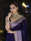 Banarasee Handloom Mashru Silk Saree With Buti Design Zari Border & Lace-Violet