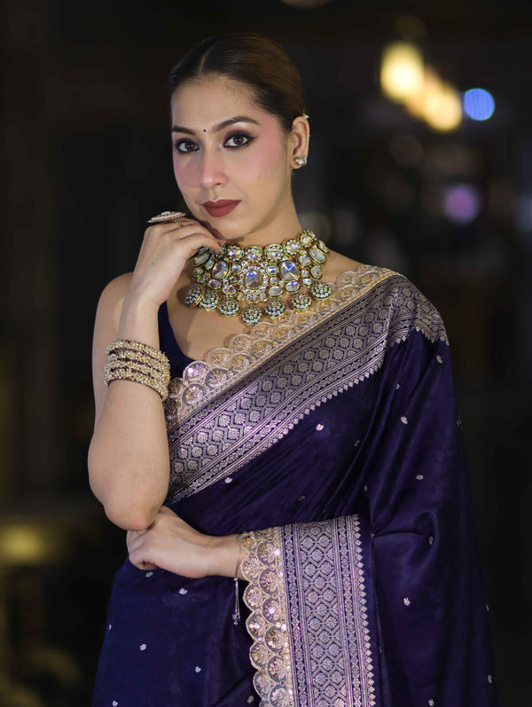 Banarasee Handloom Mashru Silk Saree With Buti Design Zari Border & Lace-Violet