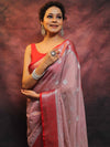 Banarasee Handwoven Semi-Chiffon Saree With Contrast Border & Silver Zari-Mauve & Red