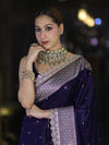 Banarasee Handloom Mashru Silk Saree With Buti Design Zari Border & Lace-Navy Blue